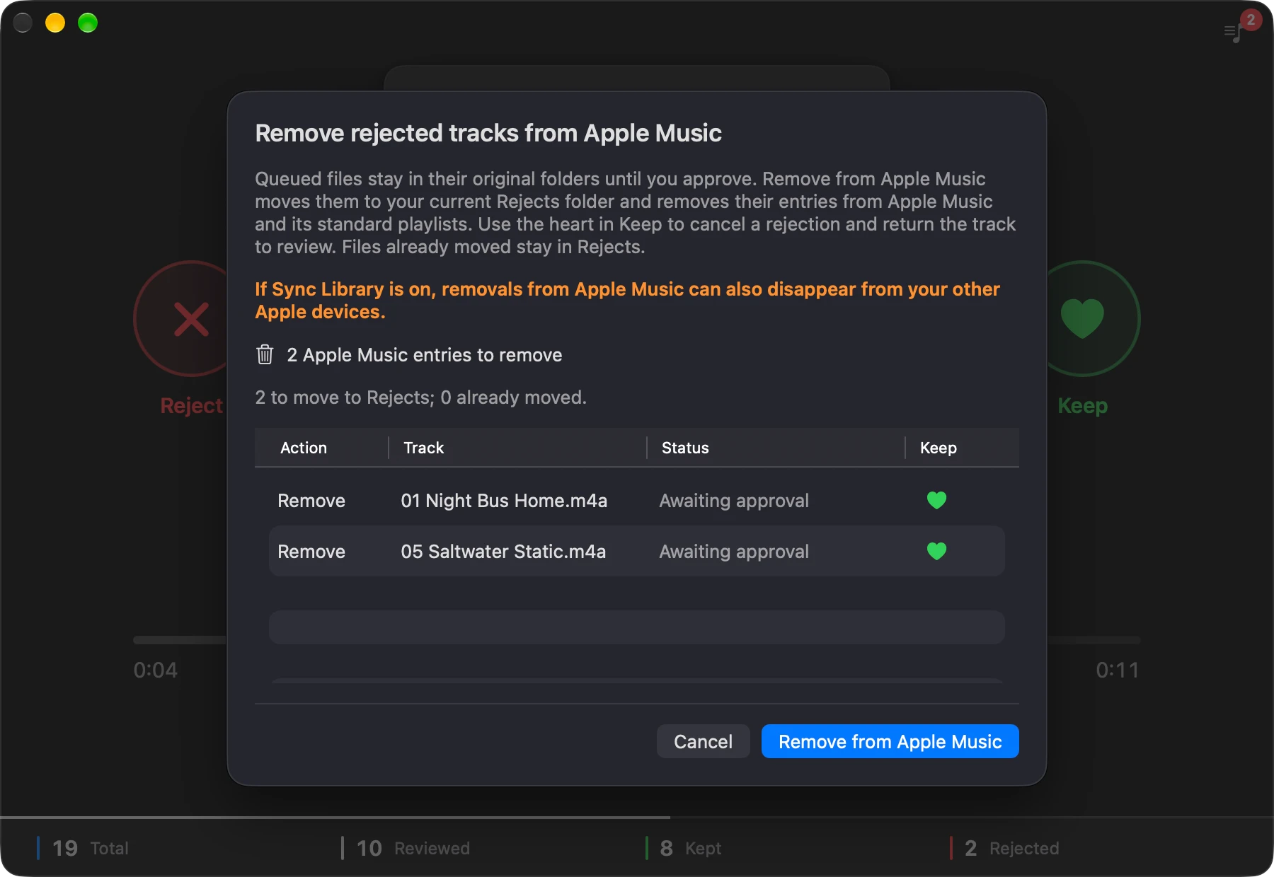 Siffter's approval sheet listing rejected tracks awaiting approval before removal from Apple Music