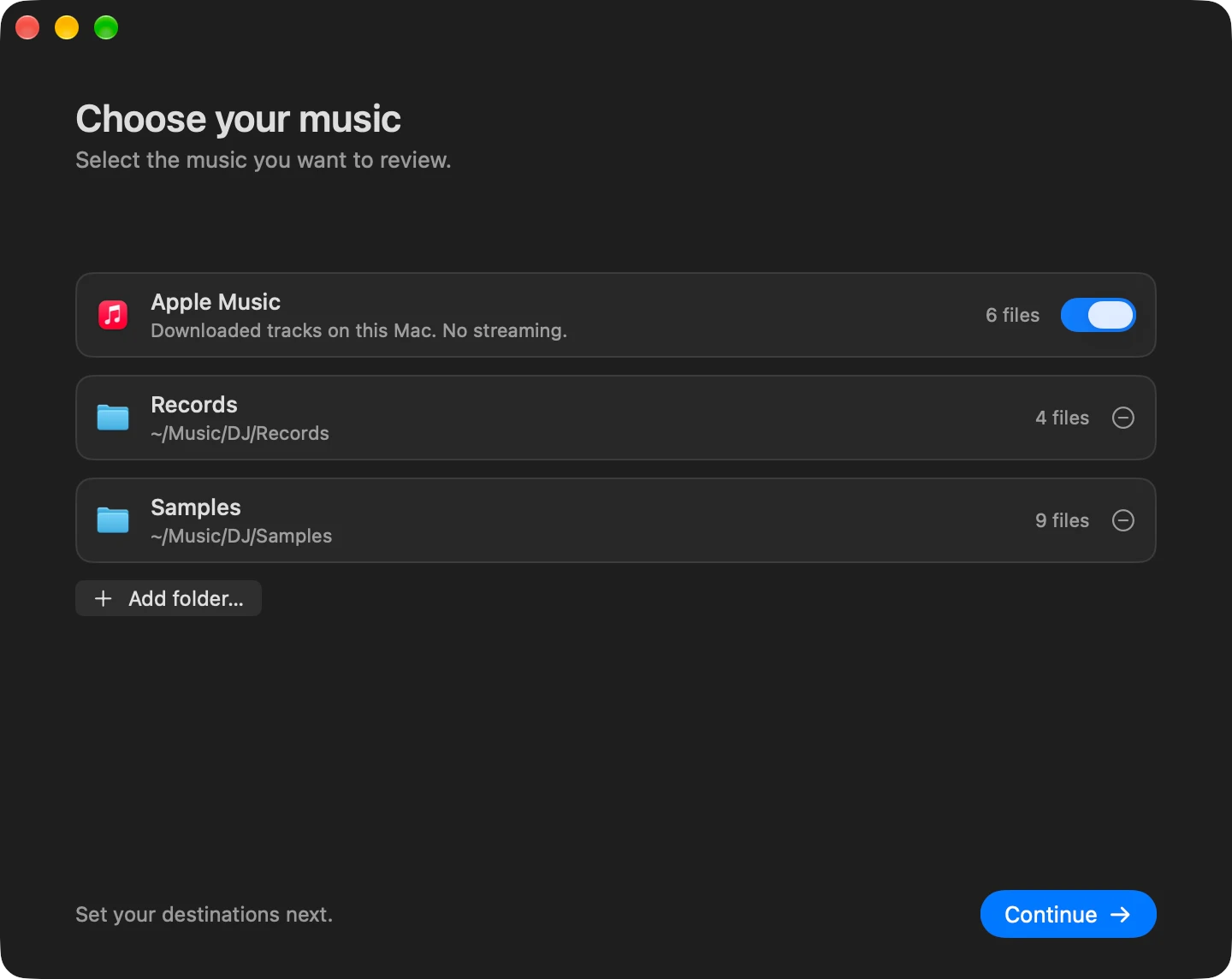 Siffter's Choose your music screen, with Apple Music, a Records folder and a Samples folder selected